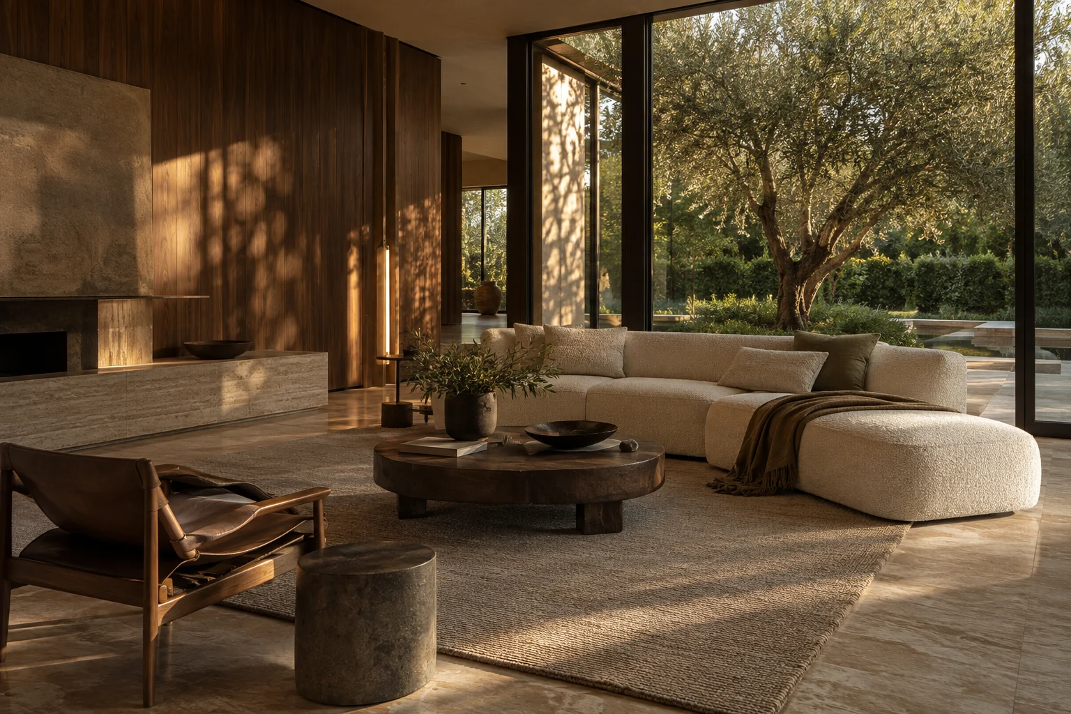 Interior contemporâneo com madeira, luz natural e vista para um jardim privativo